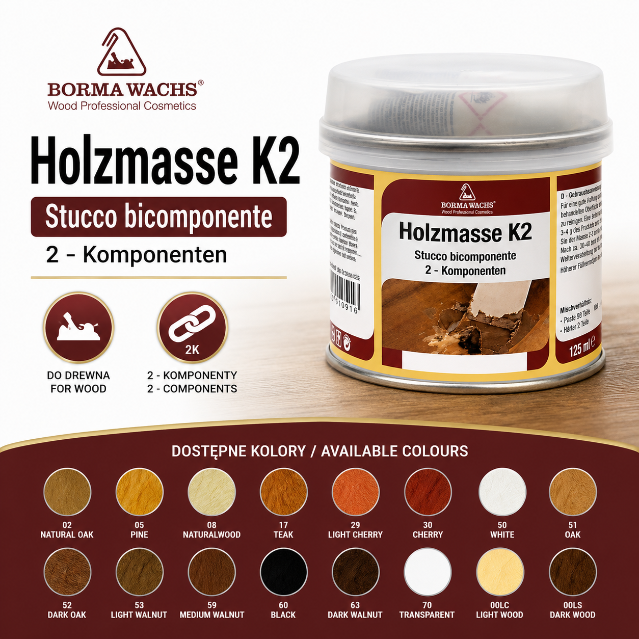 Szpachla do drewna Holzmasse K2 Borma Wachs – 125 ml, różne kolory